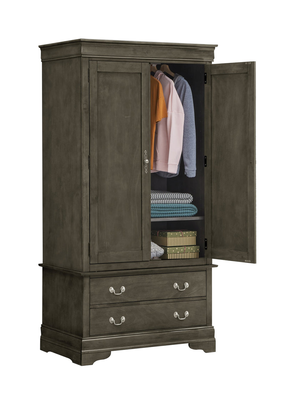 English Elm Louis Phillipe G3105-A Armoire Gray — Traditional Carved Mouldings, 2 Dovetailed Drawers, Tarnish-Resist Hardware B078S00291