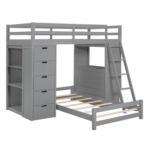 English Elm Twin Over Kids Bunk Bed with Led Lighting Usb Ports Desk and Gray Finish LT001218AAE