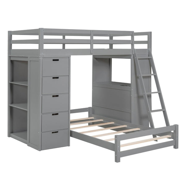 English Elm Twin Over Kids Bunk Bed with Led Lighting Usb Ports Desk and Gray Finish LT001218AAE