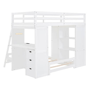 English Elm Twin Over Kids Bunk Bed with Led Lighting Usb Ports Desk and Gray Finish LT001218AAK