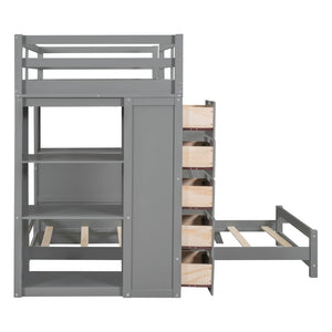 English Elm Twin Over Kids Bunk Bed with Led Lighting Usb Ports Desk and Gray Finish LT001218AAE
