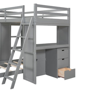 English Elm Twin Over Kids Bunk Bed with Led Lighting Usb Ports Desk and Gray Finish LT001218AAE