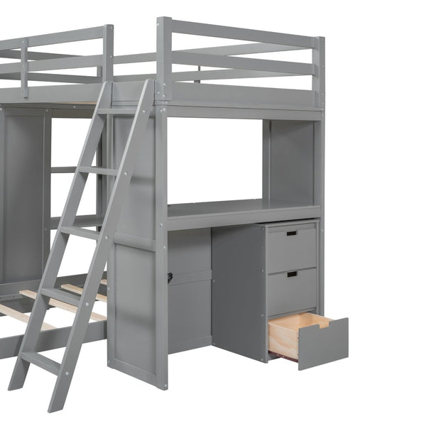 English Elm Twin Over Kids Bunk Bed with Led Lighting Usb Ports Desk and Gray Finish LT001218AAE