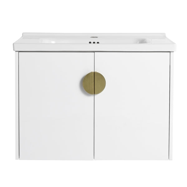 English Elm 28 Inch Wall-Mounted Bathroom Vanity with Ceramic Sink, Soft-Close Doors, Dual Handles, Water-Resistent Finish W999132143
