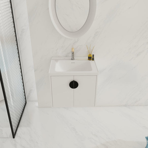 English Elm 24 Inch Wall-Mounted Bathroom Vanity with Ceramic Sink, Soft-Close Two-Door Storage, Modern Scratch-Resistant Finish W999132141
