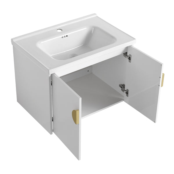 English Elm 28 Inch Wall-Mounted Bathroom Vanity with Ceramic Sink, Soft-Close Doors, Dual Handles, Water-Resistent Finish W999132143