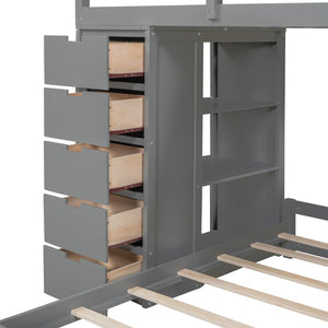 English Elm Twin Over Kids Bunk Bed with Led Lighting Usb Ports Desk and Gray Finish LT001218AAE