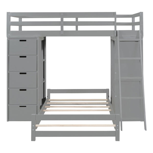 English Elm Twin Over Kids Bunk Bed with Led Lighting Usb Ports Desk and Gray Finish LT001218AAE