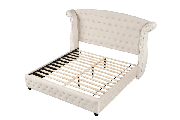 English Elm Sophia Crystal Tufted 5-Piece Full Bed Set In Cream - Glamorous Wood Design With Ample Storage B009S01969-GIGA
