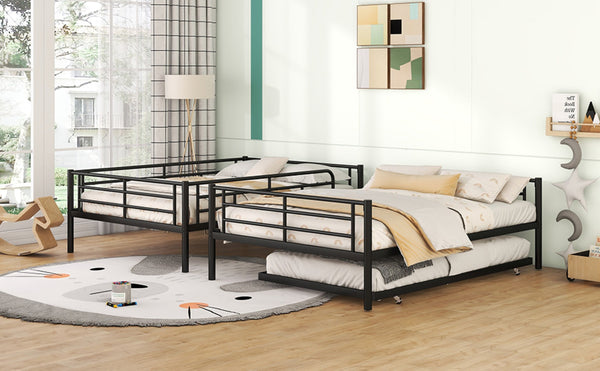 English Elm Full Over Iron Bunk Bed with Pull Out Trundle Three Sleeper Kids Guest Room Black LT000249AAB