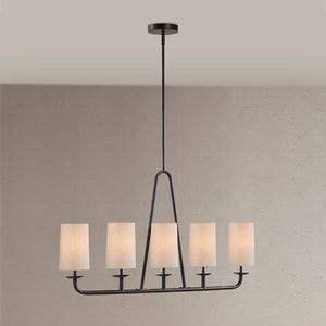 English Elm 5-Light Serenitie Linear Chandelier in Oil Rubbed Bronze with Tapered Drum Shades, Adjustable Height & Sloped Ceiling Compatible B035129484