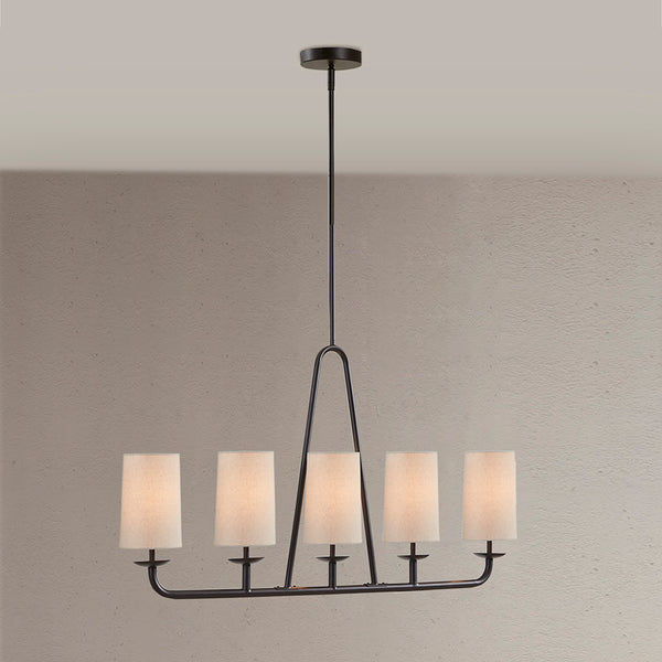 English Elm 5-Light Serenitie Linear Chandelier in Oil Rubbed Bronze with Tapered Drum Shades, Adjustable Height & Sloped Ceiling Compatible B035129484