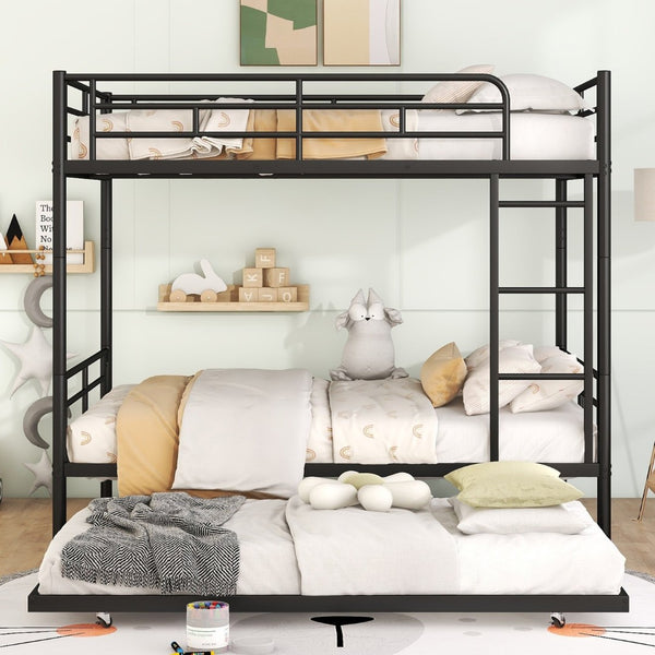 English Elm Full Over Iron Bunk Bed with Pull Out Trundle Three Sleeper Kids Guest Room Black LT000249AAB