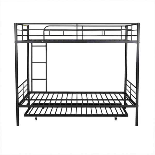 English Elm Full Over Iron Bunk Bed with Pull Out Trundle Three Sleeper Kids Guest Room Black LT000249AAB