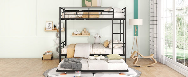 English Elm Full Over Iron Bunk Bed with Pull Out Trundle Three Sleeper Kids Guest Room Black LT000249AAB