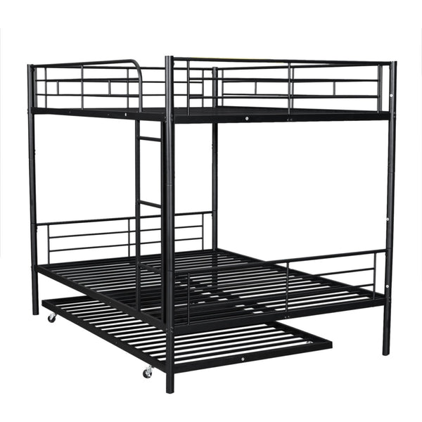 English Elm Full Over Iron Bunk Bed with Pull Out Trundle Three Sleeper Kids Guest Room Black LT000249AAB