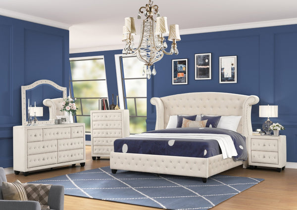 English Elm Sophia Crystal Tufted 5-Piece Full Bed Set In Cream - Glamorous Wood Design With Ample Storage B009S01969-GIGA