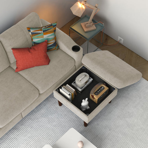 English Elm Convertible Convertible sofa with USB port, cup holder, storage ottoman and durable metal frame for compact spaces Beige W2012126501