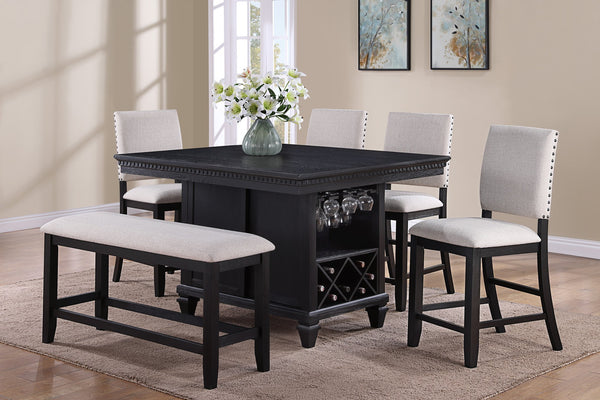 English Elm 1pc Charcoal Black Counter Height Dining Table with Built-In Wine Storage, Distressed Vintage Farmhouse Trim B011S00608