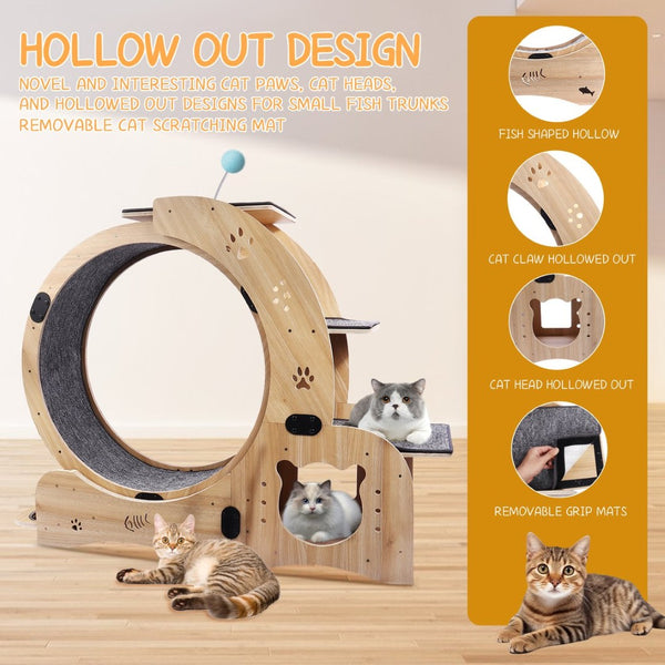 English Elm Cat Exercise Wheel 6in1 Wood Treadmill with Silent Pulleys House Shelf Feeding Station W1790133437