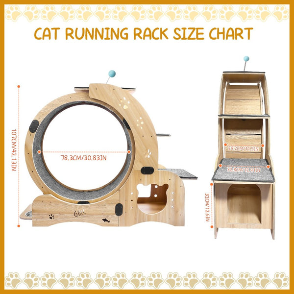 English Elm Cat Exercise Wheel 6in1 Wood Treadmill with Silent Pulleys House Shelf Feeding Station W1790133437