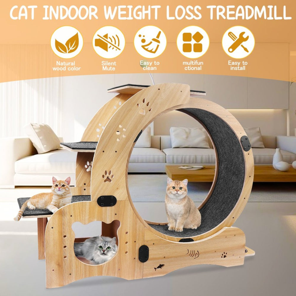 English Elm Cat Exercise Wheel 6in1 Wood Treadmill with Silent Pulleys House Shelf Feeding Station W1790133437