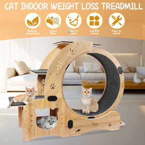 English Elm Cat Exercise Wheel 6in1 Wood Treadmill with Silent Pulleys House Shelf Feeding Station W1790133437