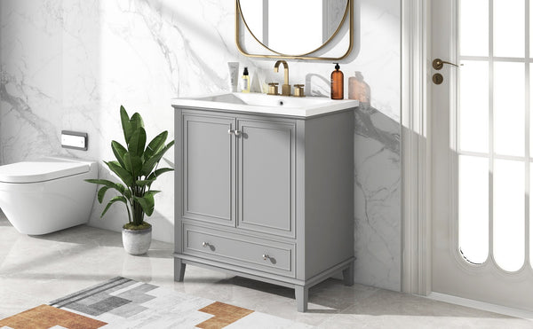 English Elm 30" Modern Bathroom Vanity With Ceramic Sink, Stylish Grey Cabinet, Storage Drawer & Doors Included SY999606AAE-6