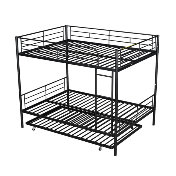 English Elm Full Over Iron Bunk Bed with Pull Out Trundle Three Sleeper Kids Guest Room Black LT000249AAB