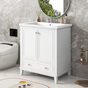 English Elm 30" Bathroom Vanity With Sink Combo, Multi-Functional Bathroom Cabinet With Doors and Drawer, Solid Frame and Mdf Board, White