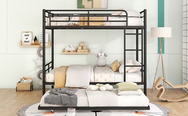 English Elm Full Over Iron Bunk Bed with Pull Out Trundle Three Sleeper Kids Guest Room Black LT000249AAB