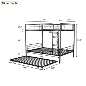 English Elm Full Over Iron Bunk Bed with Pull Out Trundle Three Sleeper Kids Guest Room Black LT000249AAB