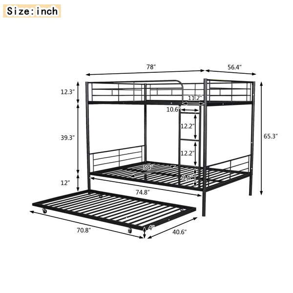 English Elm Full Over Iron Bunk Bed with Pull Out Trundle Three Sleeper Kids Guest Room Black LT000249AAB