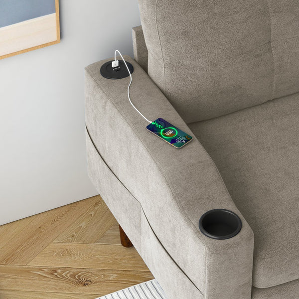 English Elm Convertible Convertible sofa with USB port, cup holder, storage ottoman and durable metal frame for compact spaces Beige W2012126501