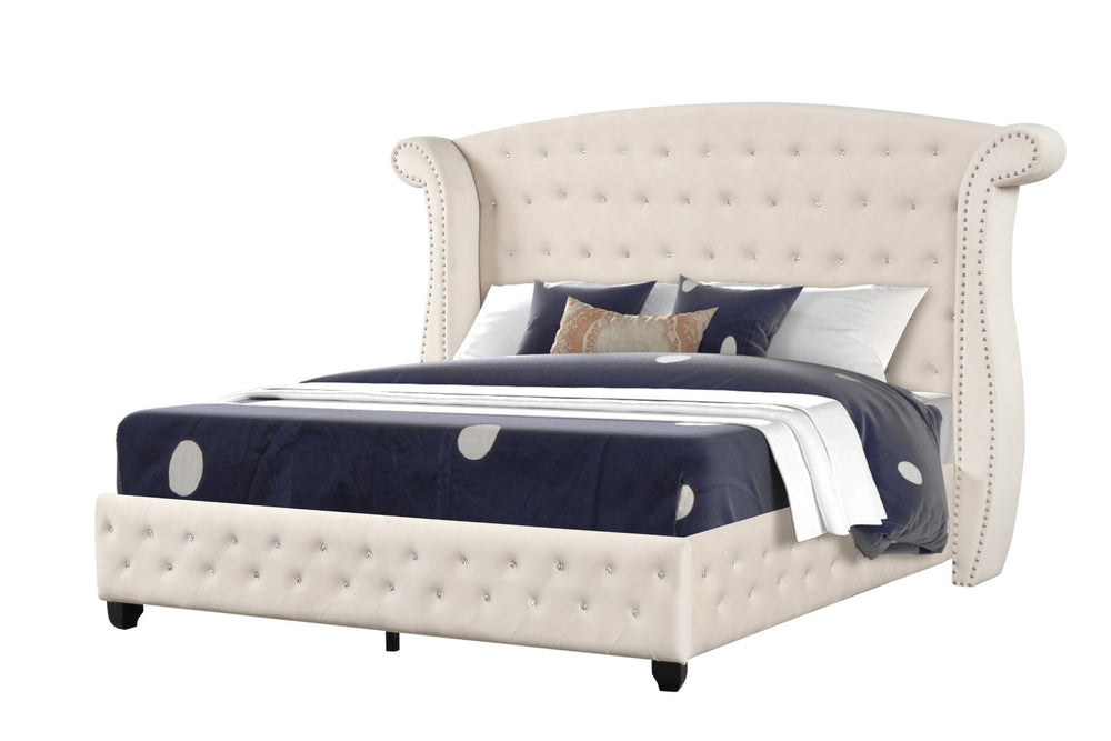 English Elm Sophia Crystal Tufted 5-Piece Full Bed Set In Cream - Glamorous Wood Design With Ample Storage B009S01969-GIGA