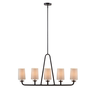 English Elm 5-Light Serenitie Linear Chandelier in Oil Rubbed Bronze with Tapered Drum Shades, Adjustable Height & Sloped Ceiling Compatible B035129484