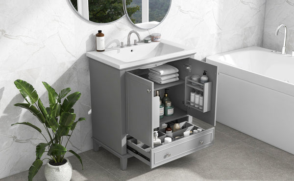English Elm 30" Modern Bathroom Vanity With Ceramic Sink, Stylish Grey Cabinet, Storage Drawer & Doors Included SY999606AAE-6