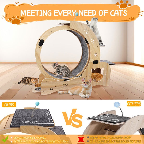 English Elm Cat Exercise Wheel 6in1 Wood Treadmill with Silent Pulleys House Shelf Feeding Station W1790133437