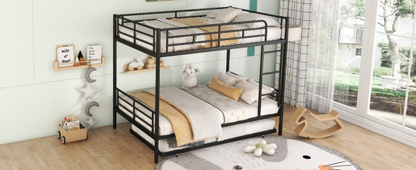 English Elm Full Over Iron Bunk Bed with Pull Out Trundle Three Sleeper Kids Guest Room Black LT000249AAB