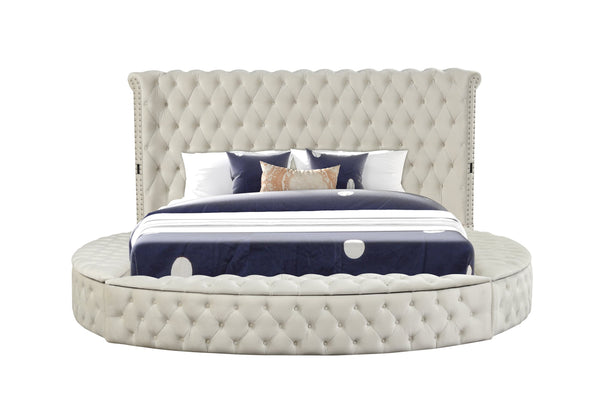 English Elm Hazel Modern Queen Bed With Usb Charger, Cream Velvet Upholstery & Stylish Nailhead Trim Design B009S01038