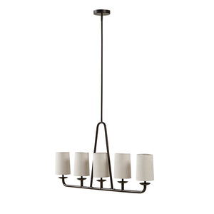 English Elm 5-Light Serenitie Linear Chandelier in Oil Rubbed Bronze with Tapered Drum Shades, Adjustable Height & Sloped Ceiling Compatible B035129484