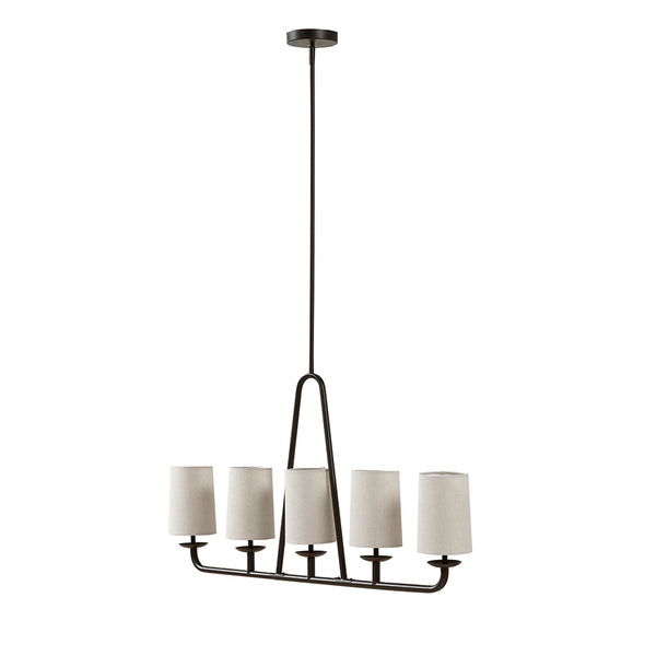 English Elm 5-Light Serenitie Linear Chandelier in Oil Rubbed Bronze with Tapered Drum Shades, Adjustable Height & Sloped Ceiling Compatible B035129484
