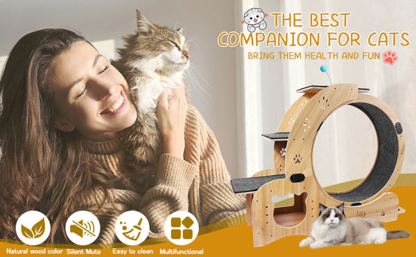 English Elm Cat Exercise Wheel 6in1 Wood Treadmill with Silent Pulleys House Shelf Feeding Station W1790133437
