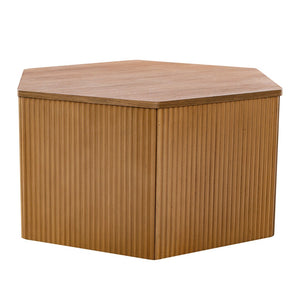 English Elm Fluted Hexagon Wood Coffee Table with Carved Fluted Exterior, Oak Grain Finish, Modular Hollow Design B035129481
