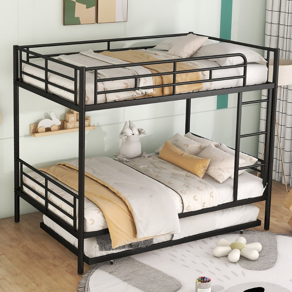 English Elm Full Over Iron Bunk Bed with Pull Out Trundle Three Sleeper Kids Guest Room Black LT000249AAB