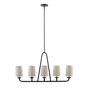 English Elm 5-Light Serenitie Linear Chandelier in Oil Rubbed Bronze with Tapered Drum Shades, Adjustable Height & Sloped Ceiling Compatible B035129484