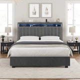 Hearth and Haven Luxury Gas Lift Storage Bed with Rf Led Lights, Storage Headboard , Full Size , Velvet Grey W2239S00006