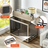 English Elm Furniture Style Dog Crate Side Table With Feeding Bowl, Wheels, Three Doors, Flip-Up Top Opening. Indoor, Grey, 43.7"W X 30"D X 33.7"H