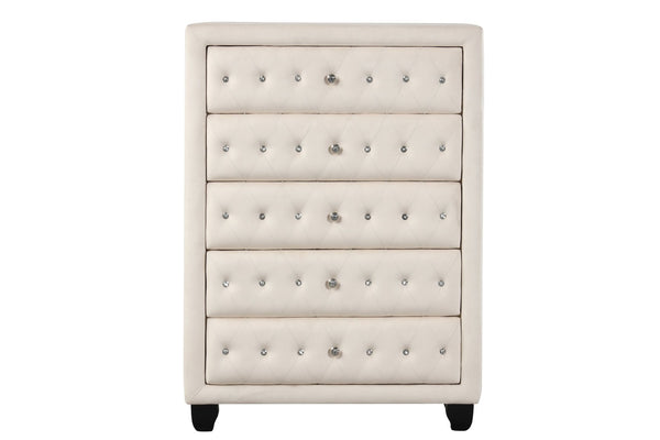 English Elm Sophia Crystal Tufted Queen 5 Pc Bedroom Set, Solid Wood In Cream - Glamorous Vanity & Storage Solutions B009S01974-GIGA
