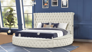 English Elm HAZEL King 4PC Bedroom Set Cream Velvet Tufted Headboard with Speakers, USB Ports & Storage B009S02070